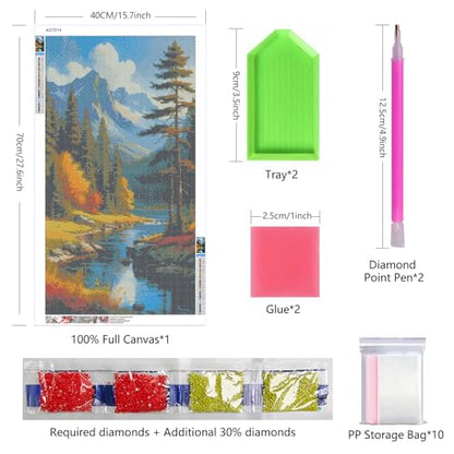 ARTGOTO Forest Mountain Diamond Painting Kit for Adults 15.7 x 27.5 Inch | Large 5D Full Square Drill Diamond Art Kit, Autumn Forest Lake DIY Gem Art Canvas with 2 Tool Sets, 30% Extra Diamonds - color: AGT014