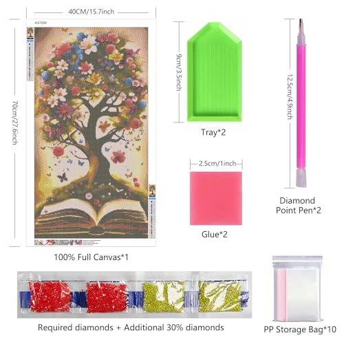 ARTGOTO Book Tree Diamond Painting Kit for Adults 15.7 x 27.5 Inch | Large 5D Full Square Drill Diamond Art Kit, Flower Tree Open Book DIY Gem Art Canvas with 2 Tool Sets, 30% Extra Diamonds - color: AGT008