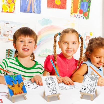 Tenceur 48 Pcs Kids Paint Party Favors Sets with 12 Pcs Animals Pre Drawn Canvas Panel and Wooden Easel Set Paint Pots and Brushes 12 Mini Apron and Tote Bag for Kids Girls Student Boys - style: Stylish