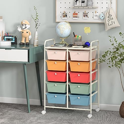 Giantex 10 Drawers Rolling Cart, Classroom Organizers, Storage Cart with Wheels, for Teacher Office Home School Supplies Tool Craft Art Paper, Multicolor - color: Macaron Multicolor, size: 10 Drawers Big