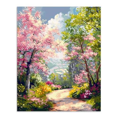 Alptiny Spring Landscape Paint by Numbers Kit for Adults Beginner, Floral Pathway Paint by Number Kits, DIY Flower Oil Painting Kit for Relaxation & Home Decor, 16x20 Inch - color: Floral Pathway