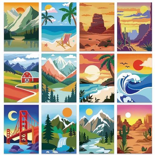 12 Packs Pre Drawn Canvas to Paint for Adults, Pre Printed Canvas for Kids, Pre Stretched Canvas Outline Painting Boards for Beginners, Students, Party Favor (5 * 7 inch, Landscape) - style: Landscape