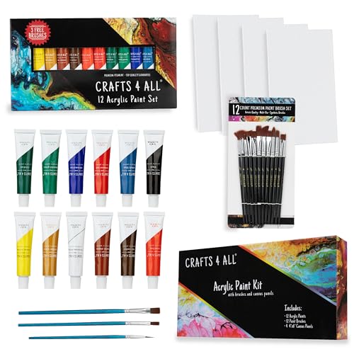 Crafts 4 All Acrylic Paint Set for Adults and Artists - 12 Pack of 12mL Paints with 12 Art Brushes & 4 Stretched Canvas Boards, Non-Toxic Craft Paint for Easter Eggs, Ceramic Rock Paint - Art Supplies - size: 1 Count (Pack of 1)