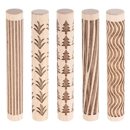 HARFINGTON 5pcs Wood Clay Roller 4"Grass Wood Pine Lines Grain Texture Pattern Rolling Pins Pottery Tools Rollers for Clay Baking Dough Playdough DIY - style: Grass + Pine Tree + Wood Grain + Straight Lines + Curves