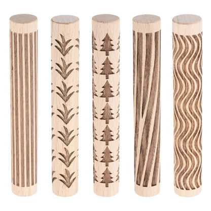 HARFINGTON 5pcs Wood Clay Roller 4"Grass Wood Pine Lines Grain Texture Pattern Rolling Pins Pottery Tools Rollers for Clay Baking Dough Playdough DIY - style: Grass + Pine Tree + Wood Grain + Straight Lines + Curves