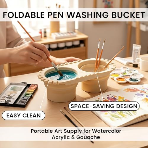 Beige Dual Compartment Paint Brush Cleaning Cup,Collapsible Paint Water Cup & Brush Cleaner with Brush Holder, Squeegee Lips & Drip Tray for Acrylic, Watercolor & Art Supplies