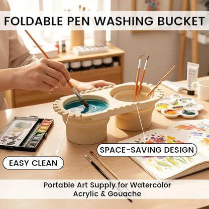 Beige Dual Compartment Paint Brush Cleaning Cup,Collapsible Paint Water Cup & Brush Cleaner with Brush Holder, Squeegee Lips & Drip Tray for Acrylic, Watercolor & Art Supplies