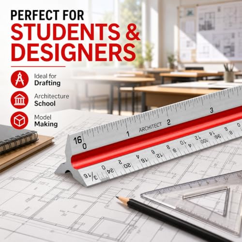 12 Inch Architectural Scale Ruler – Aluminum Architect Scale, Color-Coded for Drafting, Blueprint Reading & Drawing – Ideal for Engineers, Draftsmen & Students,1 Pack