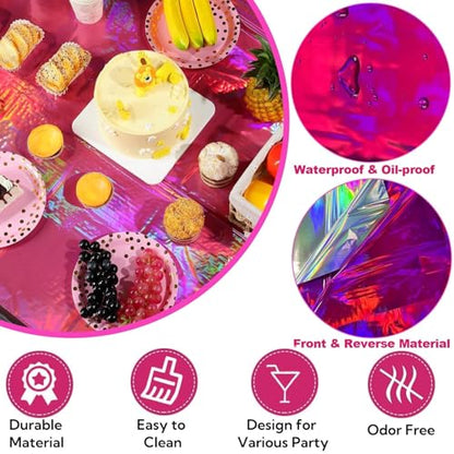 OQOQ Iridescent Hot Pink Table Cloths (Rose Red,4 Packs), 54x108 Inches Shiny Disposable Tablecloth Rectangular Plastic Table Cover for Birthday Bachelorette Princess Party - color: Rose Red