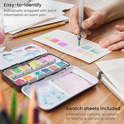 ARTEZA Watercolor Paint Set, 12 Pastel Colors, Half Pans in Travel Tin - color: Multicolor