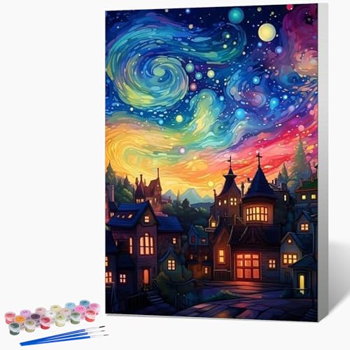 Framed Paint by Numbers Kit for Adults Beginner & Kids Ages 8-12, Starry Night Paint by Number with Frame, Acrylic Abstract Landscape Painting by Numbers Kit on Canvas 8x12 inch for Home Wall Decor - color: LKOPF003, size: 8x12 Inch