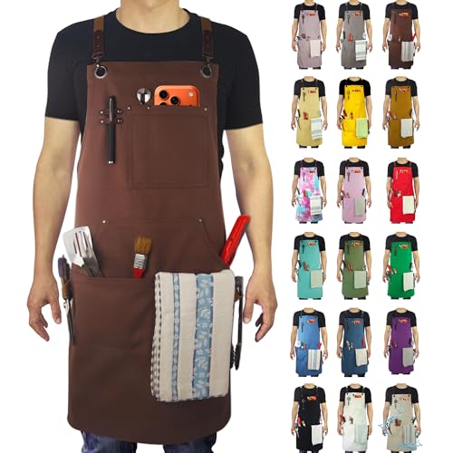 Kitchen Apron, Work Apron, Canvas Apron, Brown | Multiple Pockets, Gardening, Painting, BBQ, Carpenter, Sizes M to XXL - color: Brown