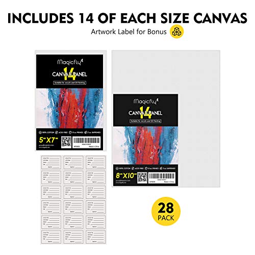 Magicfly Painting Canvas Panels, 5x7, 8x10, Set of 28 with Label Stickers, 100% Cotton Canvas Boards for Painting, Canvas with MDF Board Core, for Acrylic Paint, Oil Paint Dry & Wet Art Media, etc
