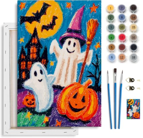 Spandrel Cute Halloween Ghost Paint by Number Kits for Kids & Adults, Pumpkin Paint by Number Kits on Canvas, DIY Acrylic Oil Halloween Painting by Numbers Gitfs for Home Wall Decor, 8x12in - color: H-18
