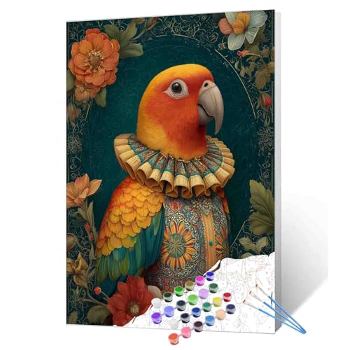 Colorful Bird DIY Paint by Numbers for Adults Orange Parrot in Floral Collared Dress Digital Oil Painting Kits on Canvas Acrylic Paint DIY Paintwork Home Decor Unique Gift 16x20 Inch (Frameless) - color: Hat Animal-11, size: 16''x20''(Frameless)