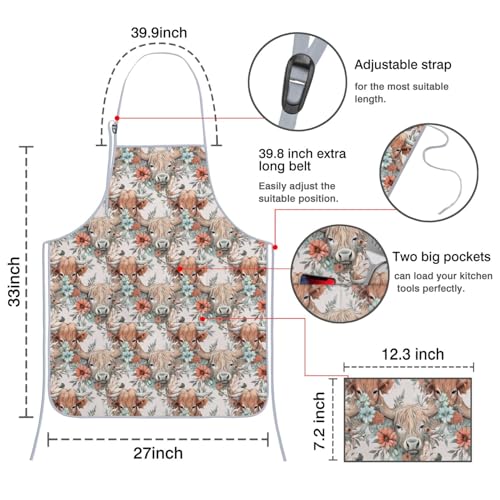 Apron with 2 Pockets,Kitchen Chef Artist Aprons for Cooking Gardening Baking Painting, Waterproof Apron 33" x 27" - color: Highland Cow