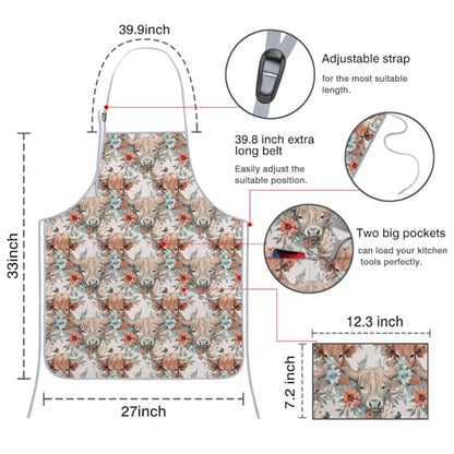 Apron with 2 Pockets,Kitchen Chef Artist Aprons for Cooking Gardening Baking Painting, Waterproof Apron 33" x 27" - color: Highland Cow