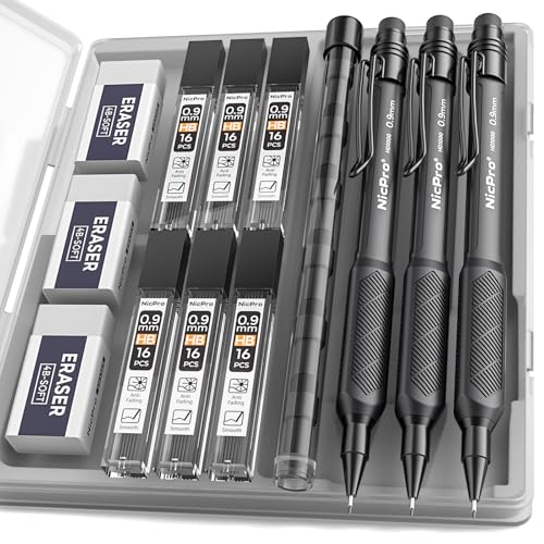 Nicpro Art Mechanical Pencil 0.9mm with Case, 3PCS Mechanical Pencils 0.9 - style: 0.9mm(3 Pcs)