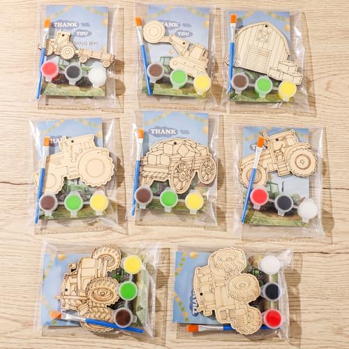 Saypacck 24 Pcs Tractor Farm Party Favors Wooden Paint Craft Kits | Farm Tractor Painting Toy with Brush Paints, Party Decor Goodie Bag Fillers, Organza Bags for Thank You Gifts - style: Tractor Farm