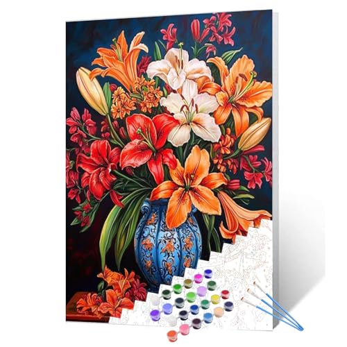Tucocoo Lily Flowers DIY Paint by Numbers for Adults Colorful Blooming Flowers in Vase DIY Oil Painting Acrylic Paint Art Painting Kits Canvas with Acrylic Paint Floral Art 16x20 Inch （DIY Frame ） - color: Red Flower in Vase 06, size: 16''x20''(DIY Frame)