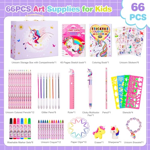 homicozy Art Supplies for Kids,66PCS Drawing Kits with Unicorn Storage Case for Girls Age 4-12,Coloring Art Case,Crayon,Colored Pencils,Coloring Book Sketch Book Drawing Stuff,Gift Toys for Girls 4 Up - color: Purple