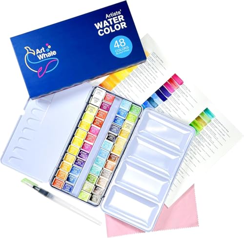 Watercolor Paint Set 48 Colors Half-Pans in Tin Box with Water Brush, Pro-Grade Pigments, Smooth Blending, Portable & Beginner-Friendly, Non-Toxic - size: 48 Count (Pack of 1)
