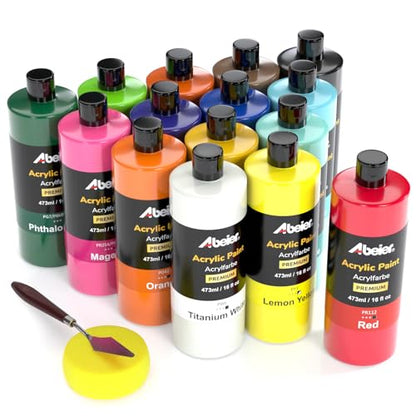 ABEIER Large Bulk Acrylic Paint Set, 15 x 16 fl oz, Non-Toxic | Matte finish, rich pigments, thick consistency, smooth blending, waterproof when dry, palette knife and sponge included - color: 15 Colors