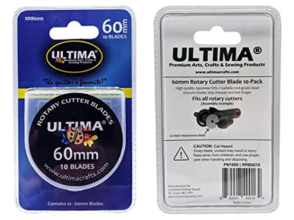Ultima 60mm Rotary Cutter Blades – 10 Blades Per Pack – Fits Most Rotary Cutters Including Fiskars, Olfa, Martelli and TrueCut – Cuts Quilting Fabric, Leather, and More - size: 60mm