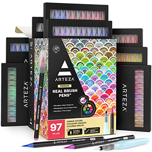 ARTEZA Real Brush Pens, 96 Colors, Watercolor Pens and Drawing Markers with Flexible Nylon Tips, Bonus Water Brush for Coloring, Sketching, Lettering and Art Journaling - size: 1 Count (Pack of 96)