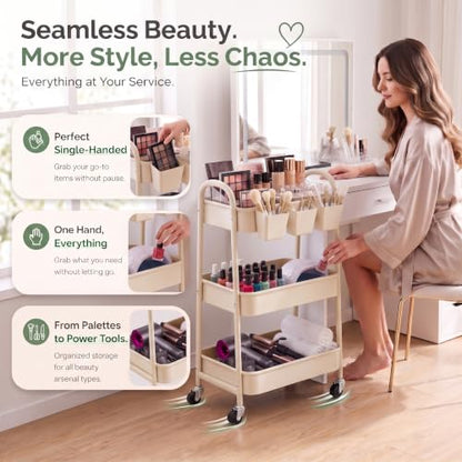 Beige 3 Tier Rolling Cart Metal on Wheels, Three Tiered Storage Organizer Utility Trolley with Wheels for Art, Craft, Baby Diaper Caddy, Snack, Book, Nail, Lash, Cleaning Supplies, Kitchen, Bathroom - color: Light Beige
