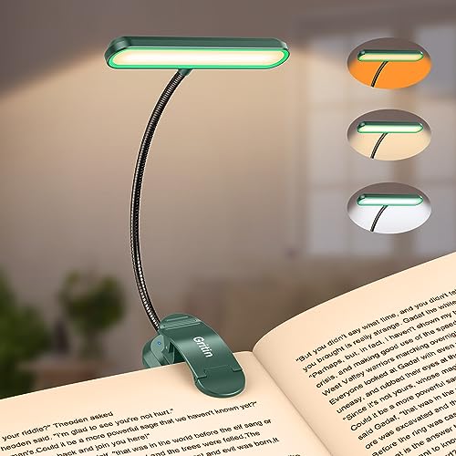Gritin Rechargeable Book Light for Reading in Bed with 19 LED | Eye Caring 3 Color Temps, 5 Brightness Levels, Memory Function, 90 Hrs Runtime Flexible Goose Neck Clip on Light-Dark Green - color: Dark Green