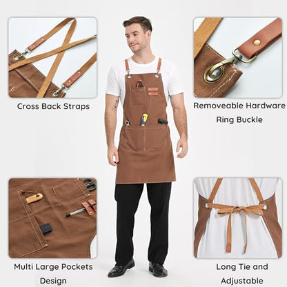 Chef Canvas Aprons with 3 Large Pockets Adjustable Strap for Men Women - color: Brown