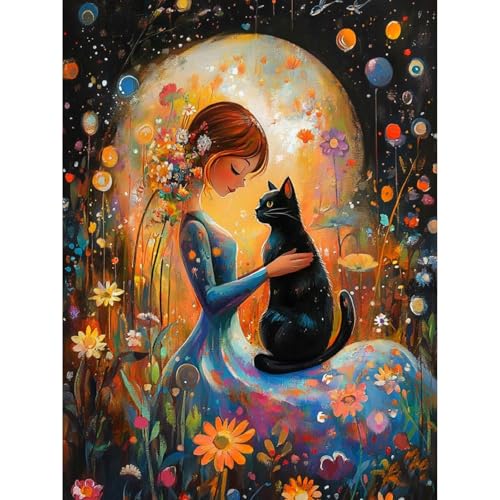 Clendo DIY Paint by Numbers Kit for Adults Beginners, Cat and Moon Adult Paint by Numbers on Canvas, Acrylic Painting Crafts for Home Decor (16x20inch) - color: MT22947-US, size: Frameless