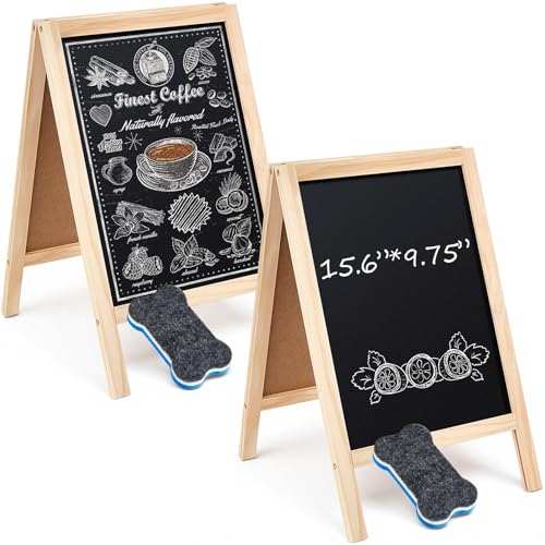 Henoyso 2 Pcs Double-Sided Tabletop Chalkboard Sign, 16"x10" Easel Rustic Wood Frame Small Chalkboard with 2 Erasers for Menu Cafes, Restaurants, Weddings Home Decor(Wooden) - color: Wooden