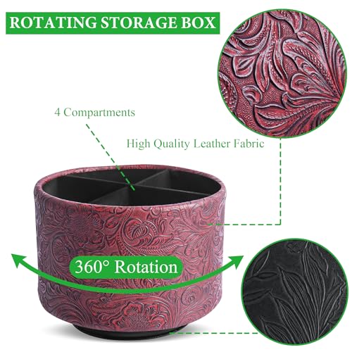 Round Leather Art Supply Organizer,Remote Control Holder,360 Degree Spinning,Multi-Functional Pencil Holder,4 Compartments Desktop Stationary Organizer(1-Carved Red) - color: 1-Carved Red