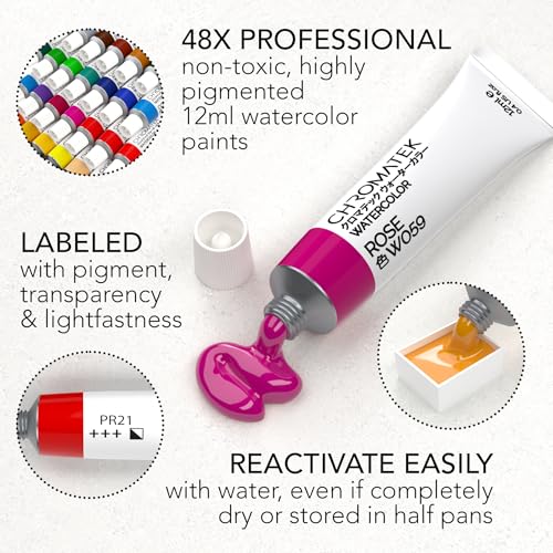 CHROMATEK Watercolor Tutorial Set, 7 Part Video Course, 84 Piece All-In-One Kit, Adults, Beginner & Professional Artists, 48 Watercolor Paint Tubes, 25 Page Workbook, 8 Brushes, Aquapen, Palette, Tape