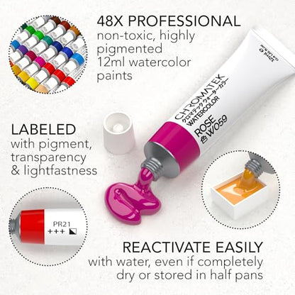 CHROMATEK Watercolor Tutorial Set, 7 Part Video Course, 84 Piece All-In-One Kit, Adults, Beginner & Professional Artists, 48 Watercolor Paint Tubes, 25 Page Workbook, 8 Brushes, Aquapen, Palette, Tape