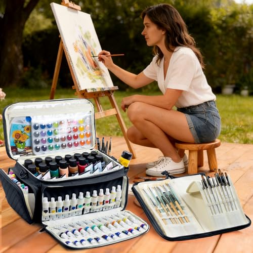 SFYBYHEART Quilted Acrylic Paint Organizer Bag with 13" Brush Holder Case, Art Supply Storage Bag with Foam Inserts for Bottles & Tubes, Large Craft Paint Organizer for Artists - color: Black