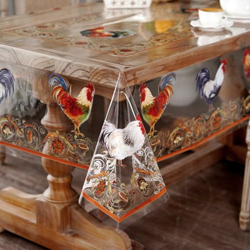 Clear Table Cover Protector Rooster Vinyl Table Cloth, 52"x70" | Dining Room, Kitchen Meals, Tabletop Protection, Easy Cleanup, Brunch, Parties, Holiday Gatherings, Everyday Use - color: Roosters, size: 52" x 70" (Rectangular)