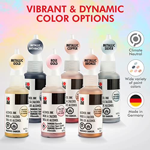Marabu Metallic Alcohol Ink Set - 6 Alcohol Inks, Gold, Silver, Bronze, Rose Gold, Copper, Anthracite - Metallic Alcohol Ink for Epoxy Resin, Tumblers, Alcohol Ink Paper - Large 0.68 Ounce Inks