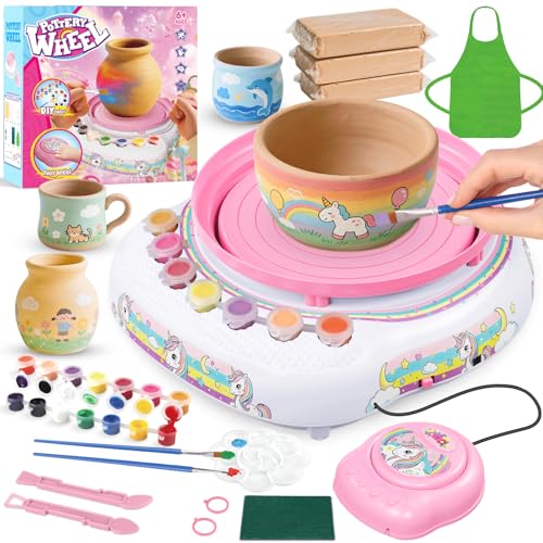 Cmiolacuna Pottery Wheel for Kids, Unicorn Kit with Air-Dry Clay, Ages 8-12 | Beginner pottery kit with air-dry clay, 12 paints, clay tools and apron - no kiln needed, screen-free craft gift ages 8-12 - color: Unicorn