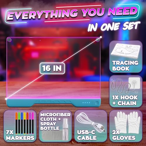16" LED Drawing Board Rechargeable; 10 Tracing Sheets; Blue | 7 Colors, Adjustable Brightness; Acrylic Light Board for Tracing with Stand, Classroom Art Kit; Birthday Gift Idea - color: Blue