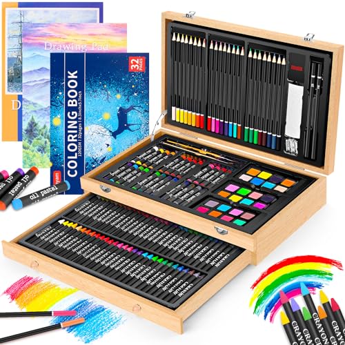 iBayam 150-Pack Deluxe Wooden Art Set Crafts Drawing Painting Kit | 1 Coloring Book, 2 Sketch Pads, Creative Gift Box for Adults Artist Beginners Kids Girls Boys - color: Natural