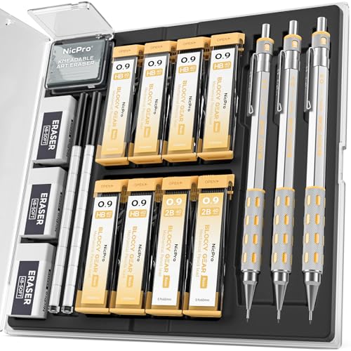 Nicpro Blocky Gear 0.9 mm Mechanical Pencils Set in Case, 3 Pack | Metal Pencil 8 Tube with Lead Refills 0.9mm (HB 2B), 3 Erasers for Professional & Adult Art Writing Drafting Drawing - style: 0.9mm