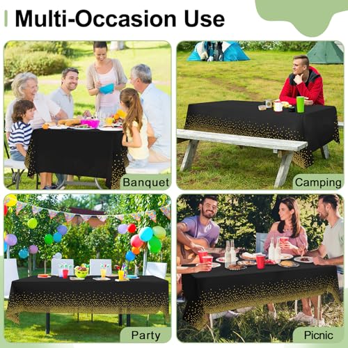 3 Packs Dot Disposable Table Cloth, 54 x 108 Inch Waterproof Plastic Tablecloth, Rectangle Gold Dots in Black Table Covers for Picnic, Birthday, Party and Back to School - color: Gold in Black, size: 54" x 108"
