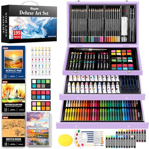 iBayam Art Supplies,195 Pack Deluxe Art Set Drawing Painting Supplies Kits | Acrylic Pad, Watercolor Pad, Sketch Book, Canvases, Acrylic Paint, Crayons, Pencils, Gifts for Kids Teen Girls Artist Adults - color: Purple