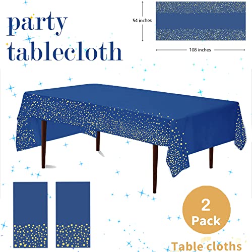 Yancorp 2 Pack Plastic Tablecloth Disposable Navy Blue Gold Tablecloth for Rectangle Tables 54" x 108" Party Decorations Birthday Thanksgiving Christmas Wedding Outdoor BBQ Picnic - color: Dark Blue, size: 2 Pack
