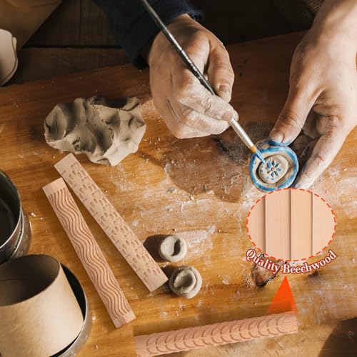 Wooden Handle Pottery Tools Clay Modeling Pattern Rollers, Brown | Clay Texture Rollers Set of 5 - color: Set of 5