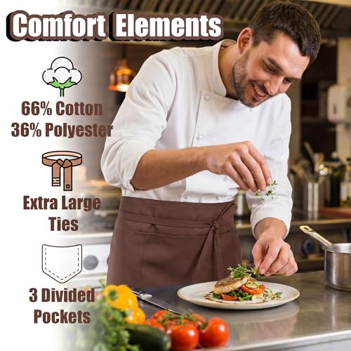 TOSHE Waist Apron 3 Pockets Waterdrop Resistant Cotton Server,Chef,Waitress - color: Brown