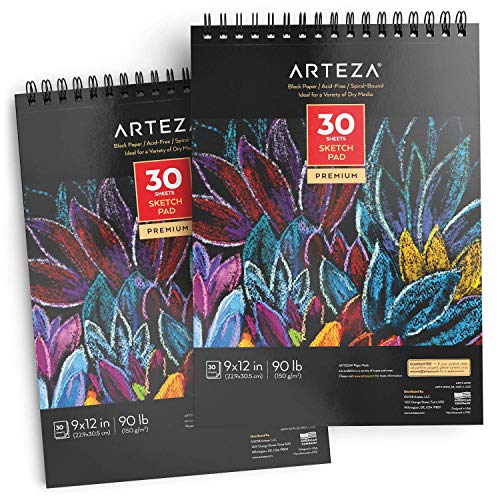 ARTEZA Spiral Sketch Book 9x12 Black Art Paper Drawing Pad 2 Pack 30 Sheets Sketch Pads for Drawing - size: 2 Pack